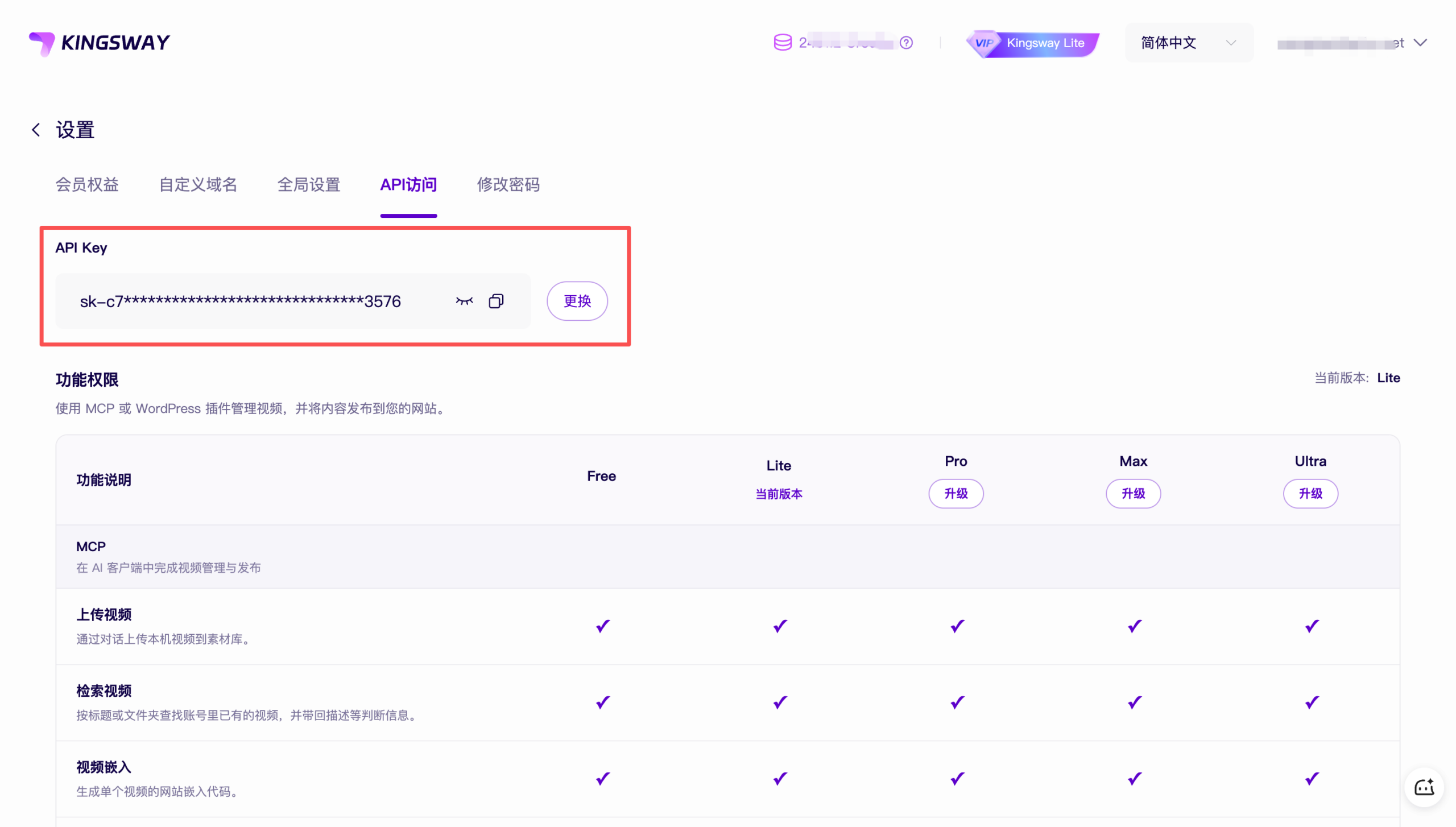 Kingsway 后台设置页面的 API 访问标签，可在此查看并复制 API Key